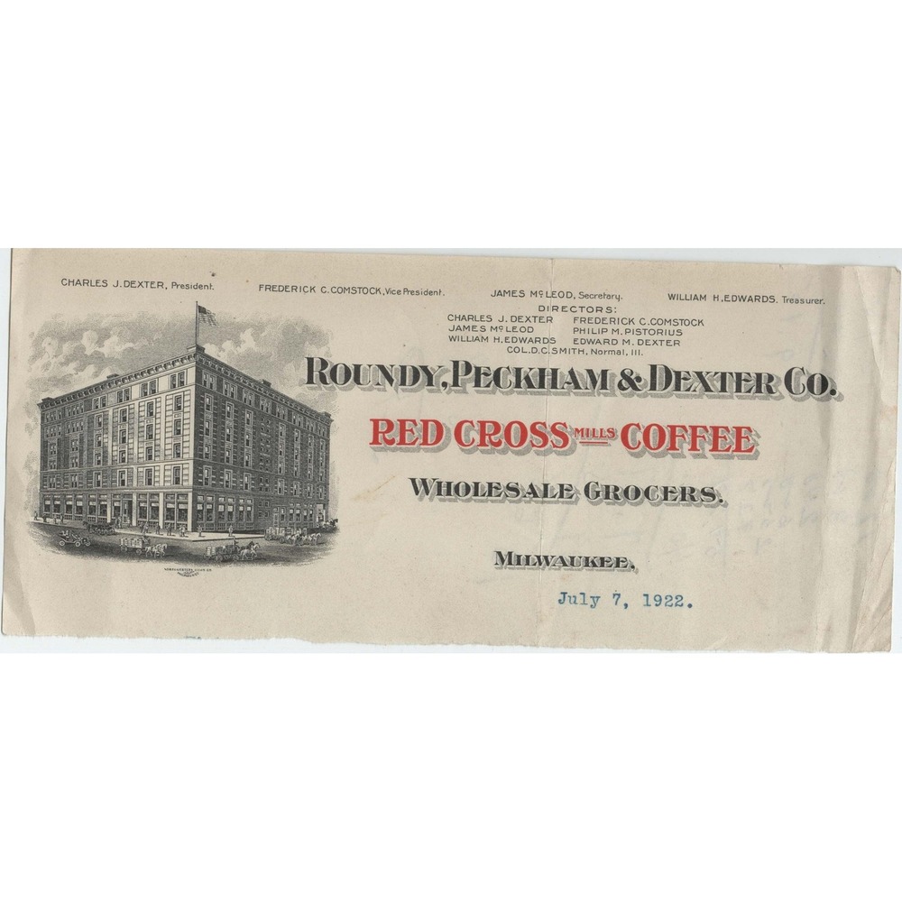 1922 Roundy Peckham & Dexter Co Milwaukee Red Cross Mills Coffee Letterhead - Picture 1 of 2
